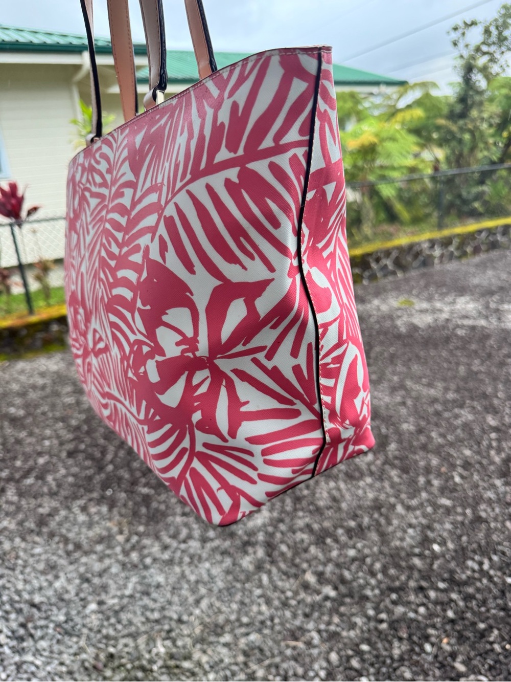 Kate Spade Pink White Tropical Floral Large Zip Tote Shoulder Bag - Picture 6 of 11